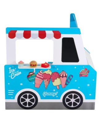 Ice Cream Cart for Kids, 20+ PCS Ice Cream Truck Wooden Playset, Pretend Play Stand with Steering Wheel & Chalkboard