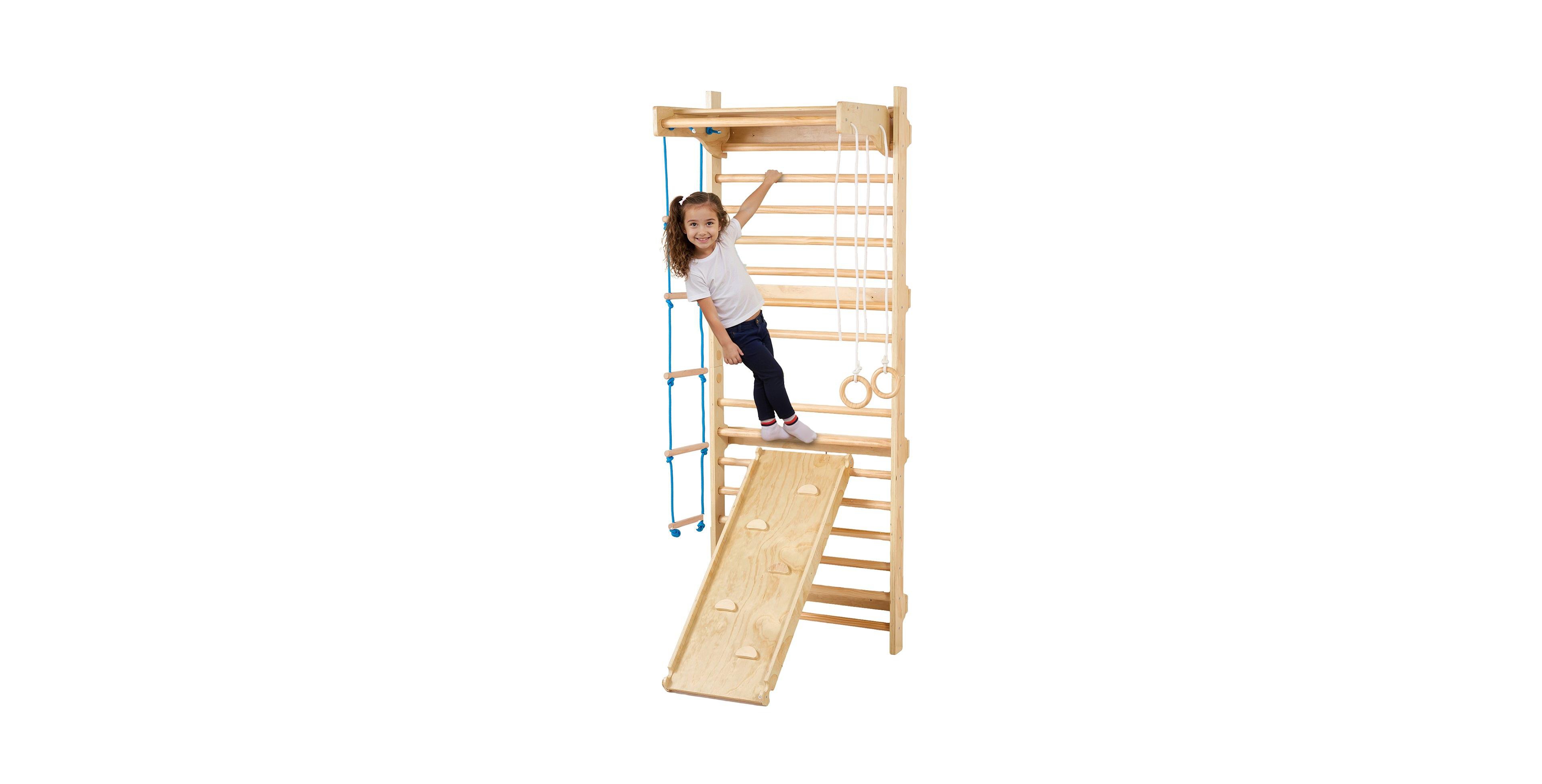 Mecale Swedish Ladder Wall Gym, 5-in-1 Indoor Climbing Set w/ Pull-Up Bar, Rings, Rope Ladder & Slide Board