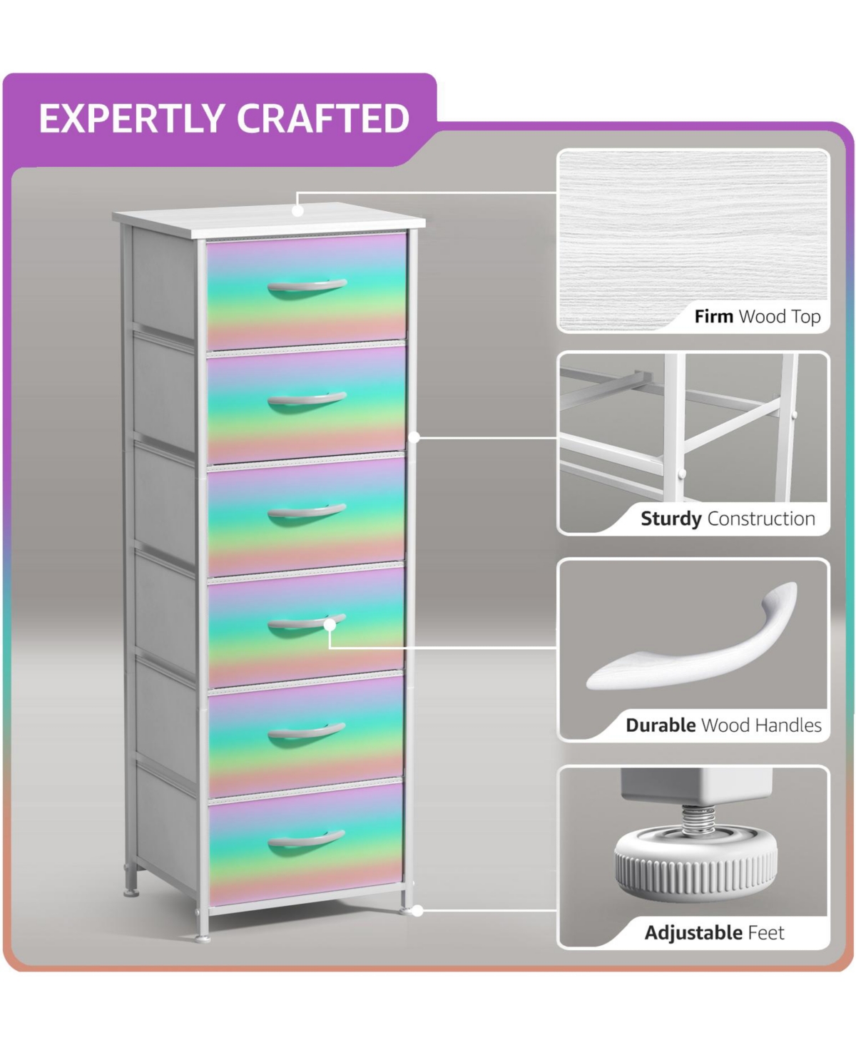 Sorbus Narrow 6 Drawers Nightstand with Steel Frame, Wood Top, Easy Pull Fabric Bins for Home, Bedroom, Office & Dorm