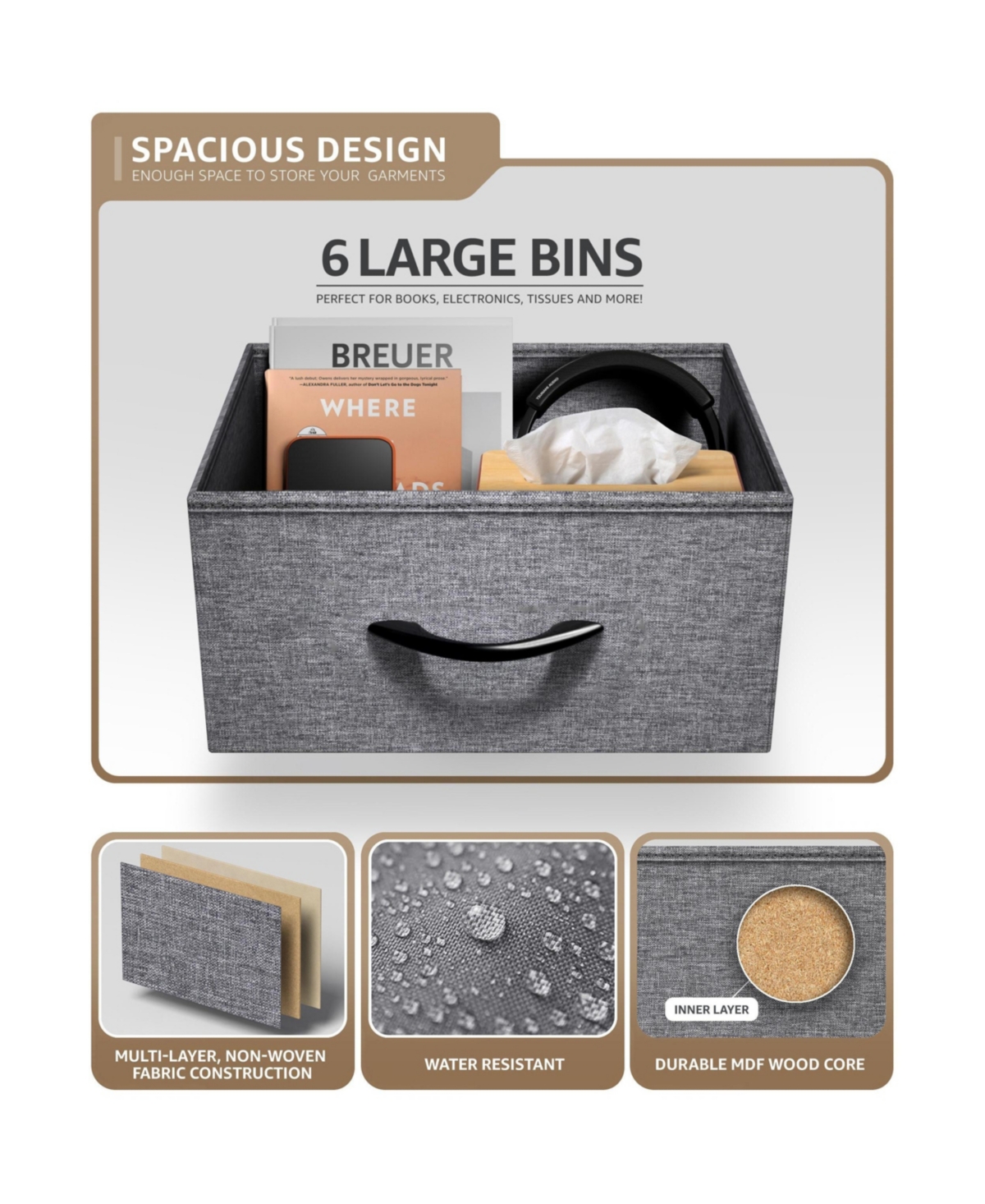 Sorbus Narrow 6 Drawers Nightstand with Steel Frame, Wood Top, Easy Pull Fabric Bins for Home, Bedroom, Office & Dorm