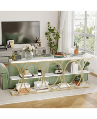 3-Tier Farmhouse Narrow Console Table – Entryway Sofa Table with Storage Shelves, Geometric Metal Legs – Modern Accent for Living Room, Hallway