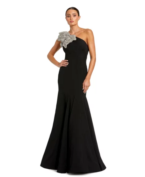 Petite Crepe One Shoulder Gown With Flower Detail - Black