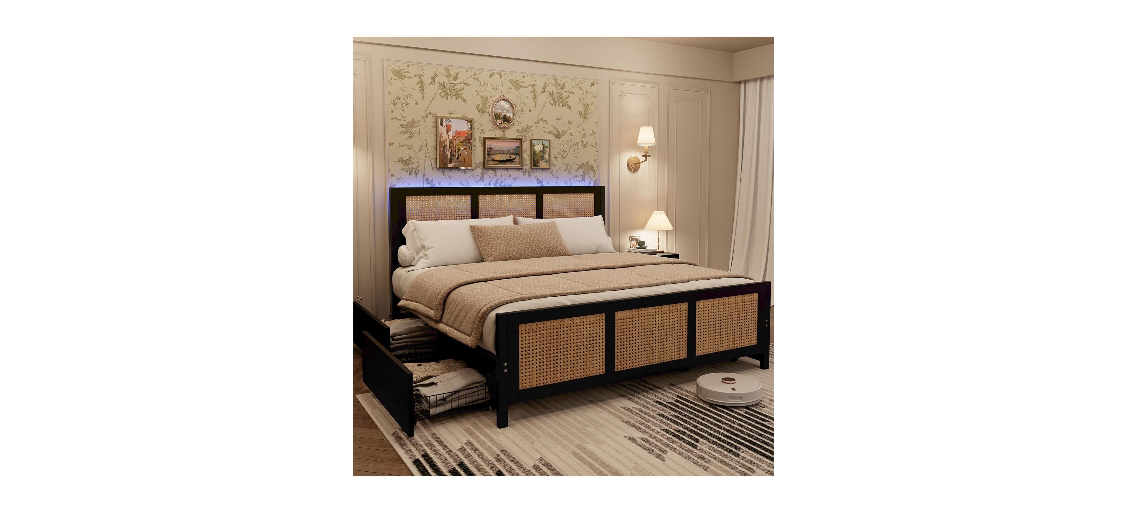gaomon Velvet Upholstery Wood Slats Led Headboard, Adjustable Height, Quiet Support