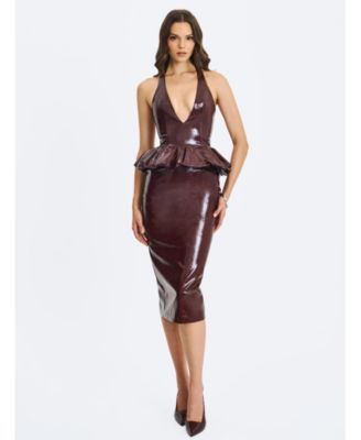 Women's Jaslene Mahogany Ruched Peplum Plunge Halter Midi Dress