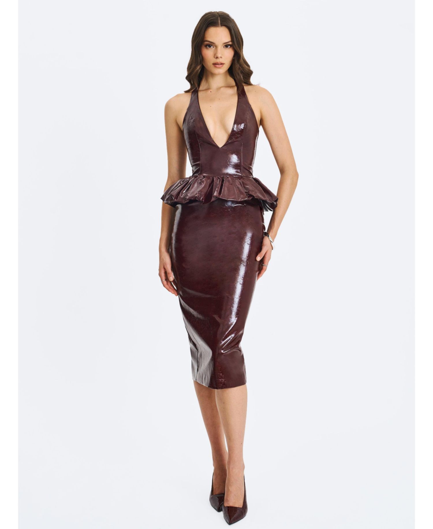 Women's Jaslene Mahogany Ruched Peplum Plunge Halter Midi Dress