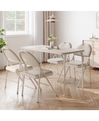 Folding Table 4 Foot with Upholstered PU Leather Tabletop, Heavy Duty Metal Legs, Collapsible Design & Shelf Bracket, No Assembly Required