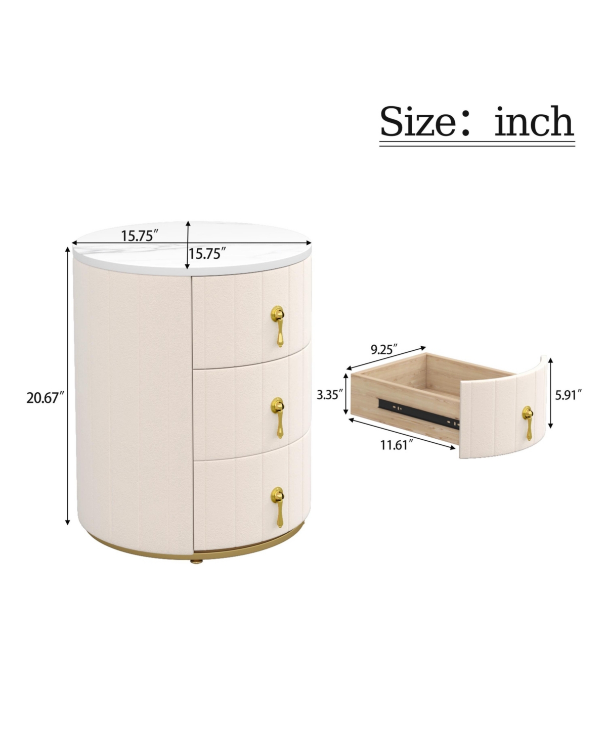 Cesicia Round Upholstered Nightstand Bedside Table with 3 Drawers, Metal Handles, Marbling Stickers Top for Bedroom, Fully Assembled Except Handles