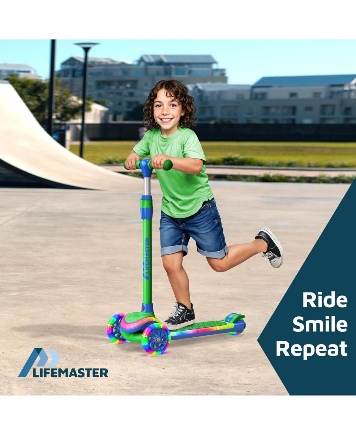 LifeMaster 3-Wheel Kids Scooter with Multi-Color Lights, 5-Height Adjustable Handlebar, Wide Anti-Slip Deck, Ages 3+, Supports 150 lbs