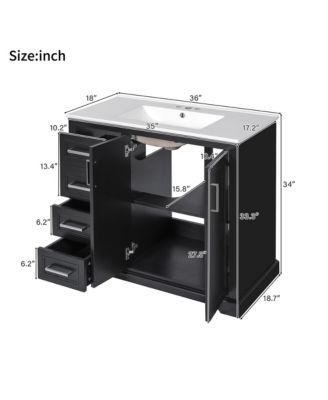 36 in. Modern Bathroom Vanity with Ceramic Sink, Soft-Close Door, Adjustable Shelf and 3 Drawers, Ample Storage