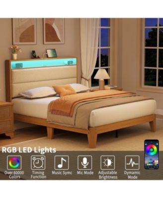 Boucle Upholstered Bed Frame with LED & Charging Station, Solid Wood Slats, No Box Spring Needed
