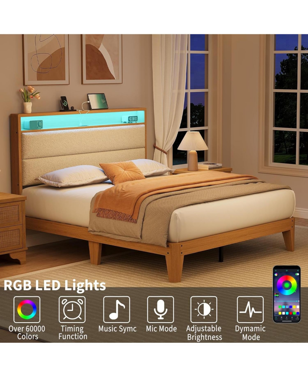 gaomon Boucle Upholstered Bed Frame with Led & Charging Station, Solid Wood Slats, No Box Spring Needed