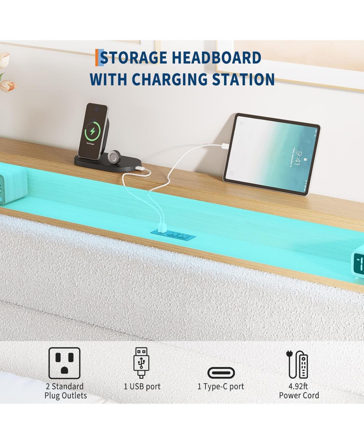 gaomon Boucle Upholstered Bed Frame with Led & Charging Station, Solid Wood Slats, No Box Spring Needed