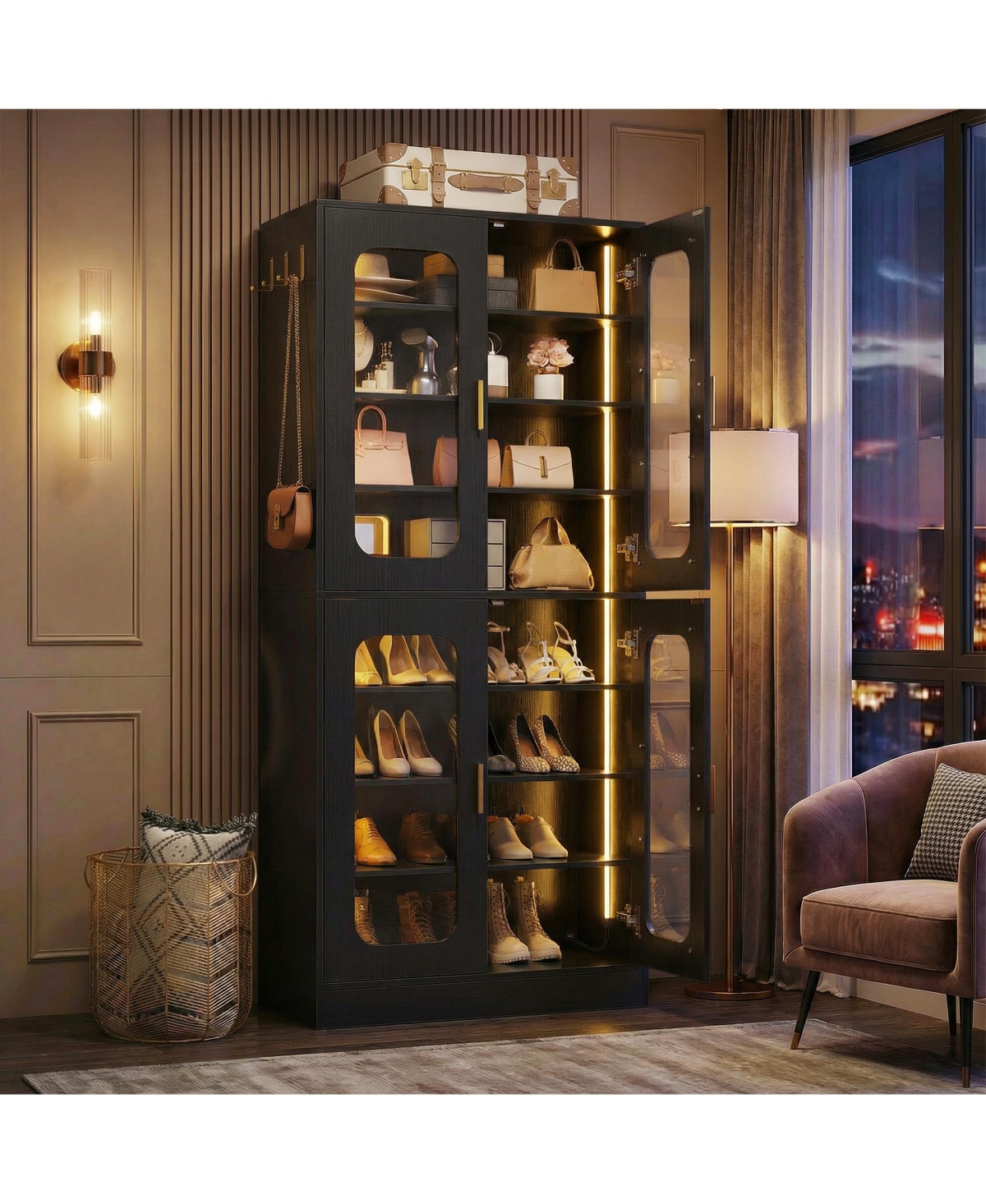 Aheaplus Shoe Cabinet with Led Light, Closet Organizer Adjustable Shelves