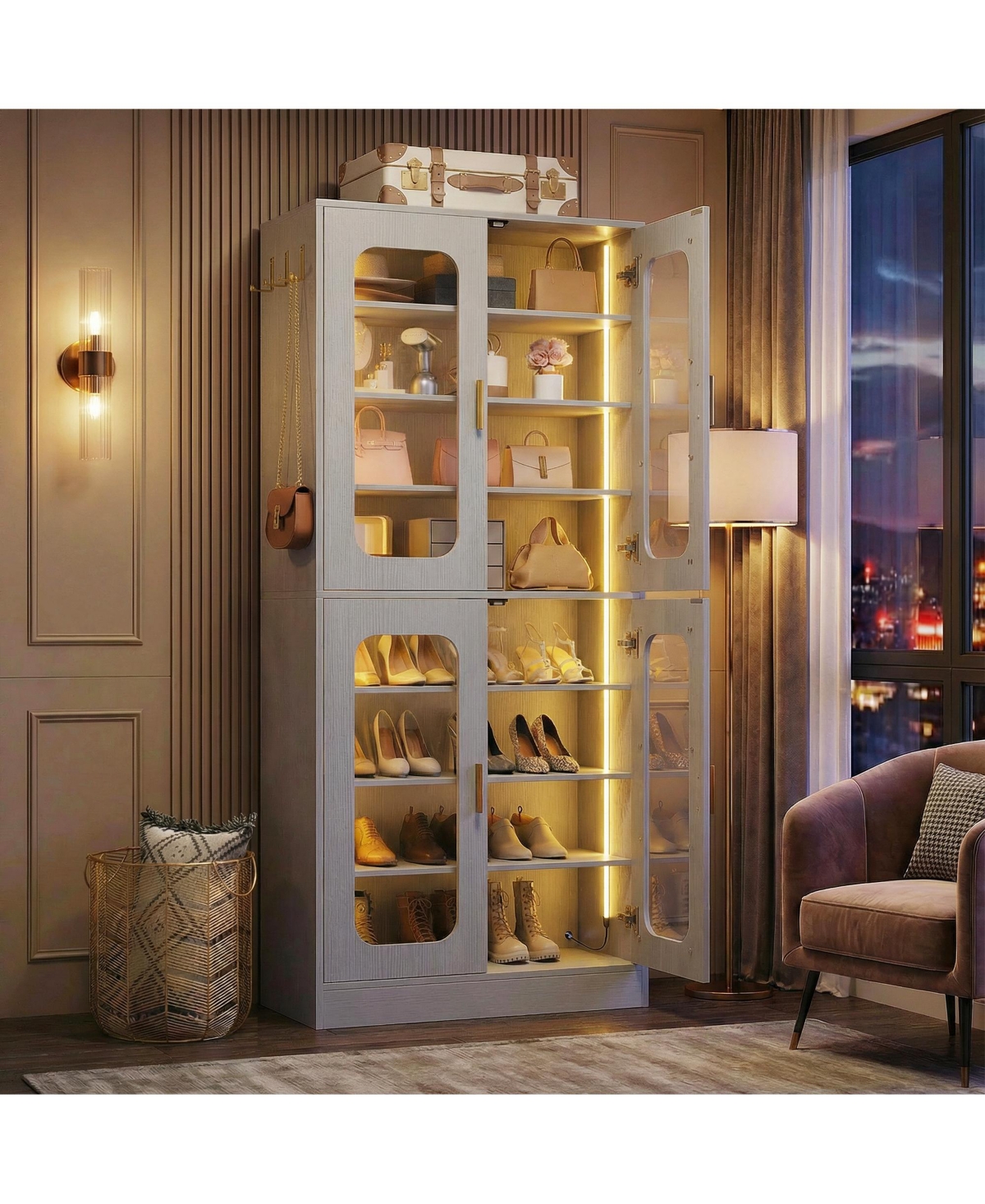 Aheaplus Shoe Cabinet with Led Light, Closet Organizer Adjustable Shelves