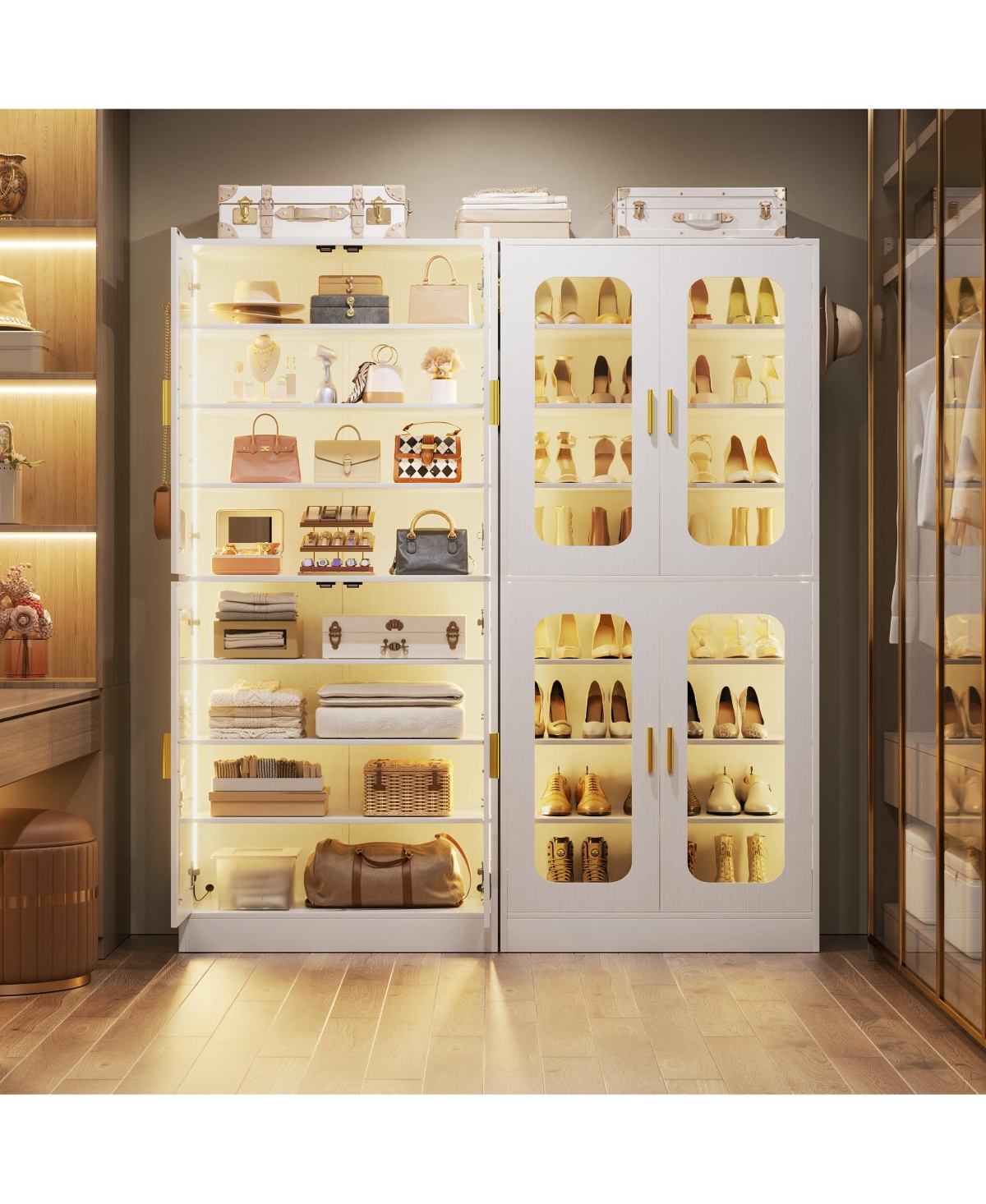 Aheaplus Shoe Cabinet with Led Light, Closet Organizer Adjustable Shelves