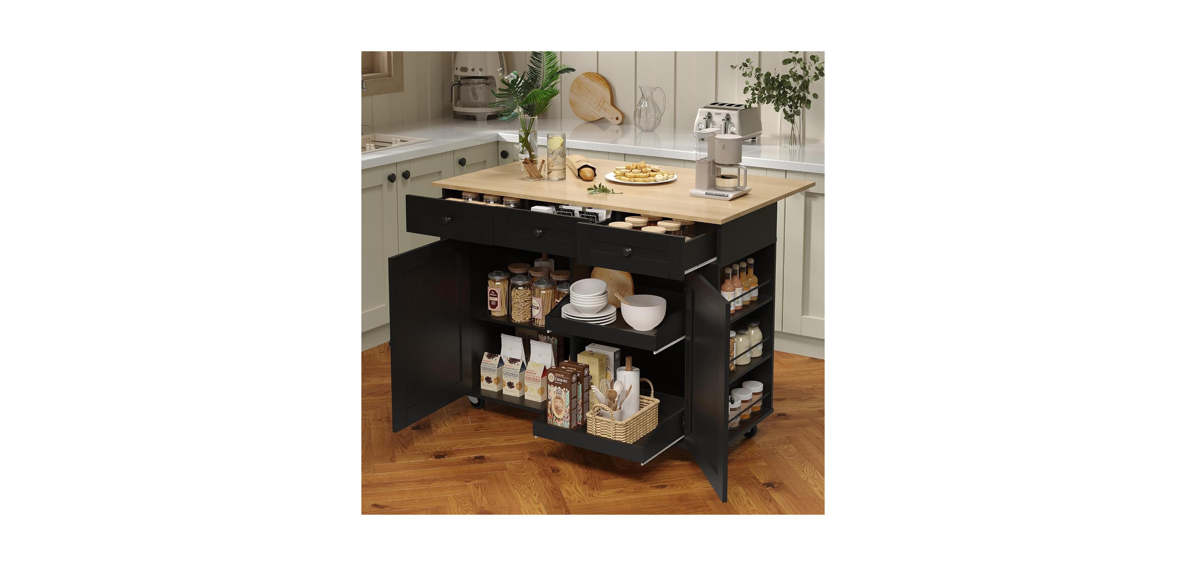 gaomon Rolling Kitchen Island with Drop-Leaf Top, Charging Station, Storage Cart with Shelves/Drawers, 47.2