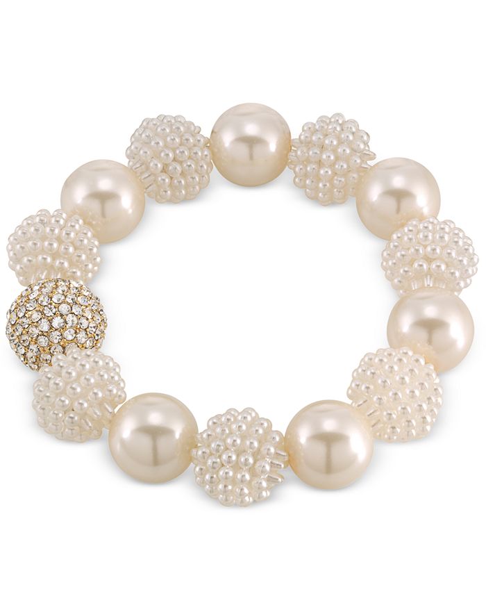 Carolee Gold Tone Imitation Pearl and Fireball Stretch Bracelet