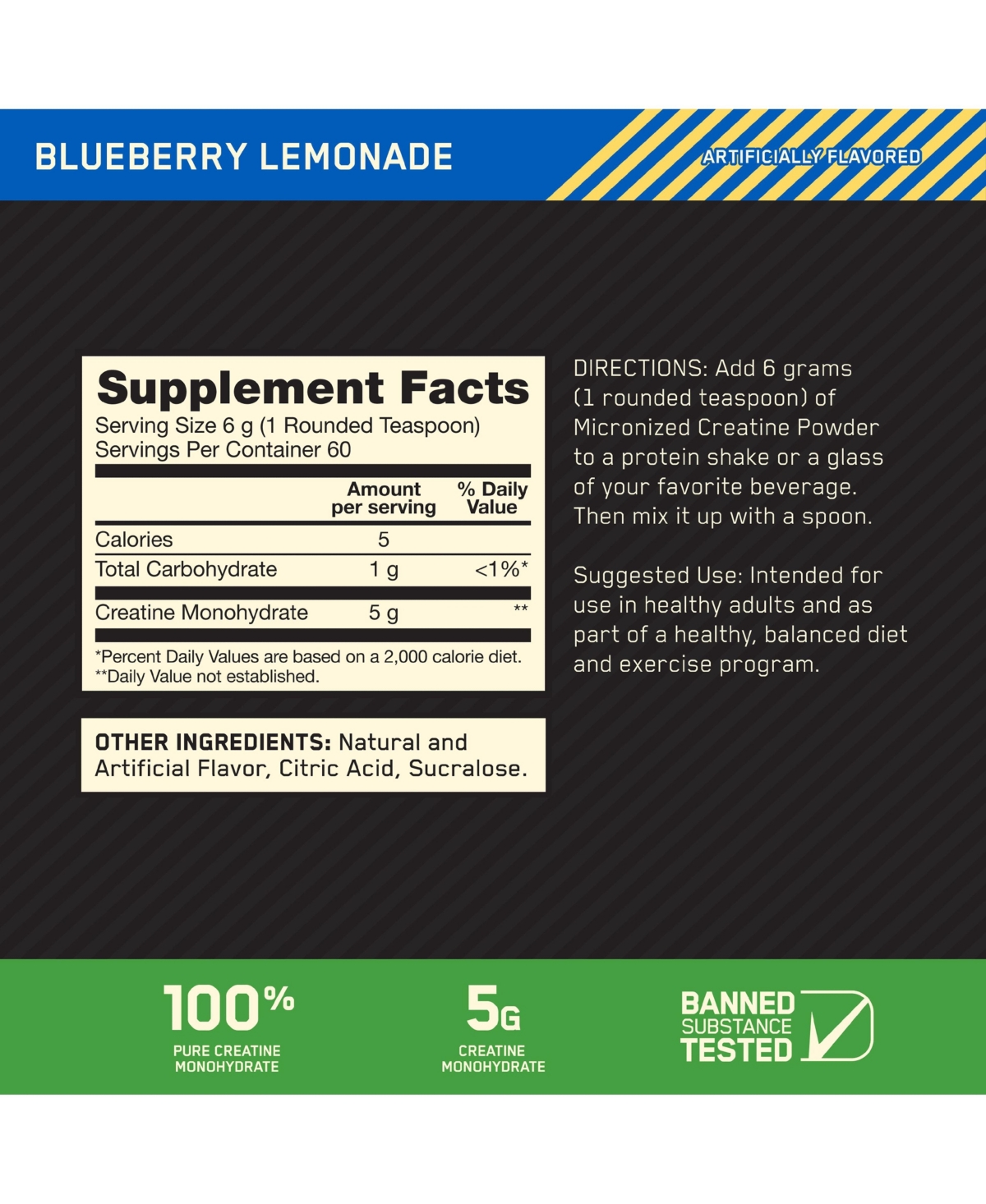 Optimum Nutrition, Micronized Creatine Powder, Blueberry Lemonade, 60 Servings