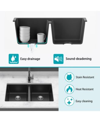 huluwat Black Quartz Composite Kitchen Sink Double Bowl Undermount