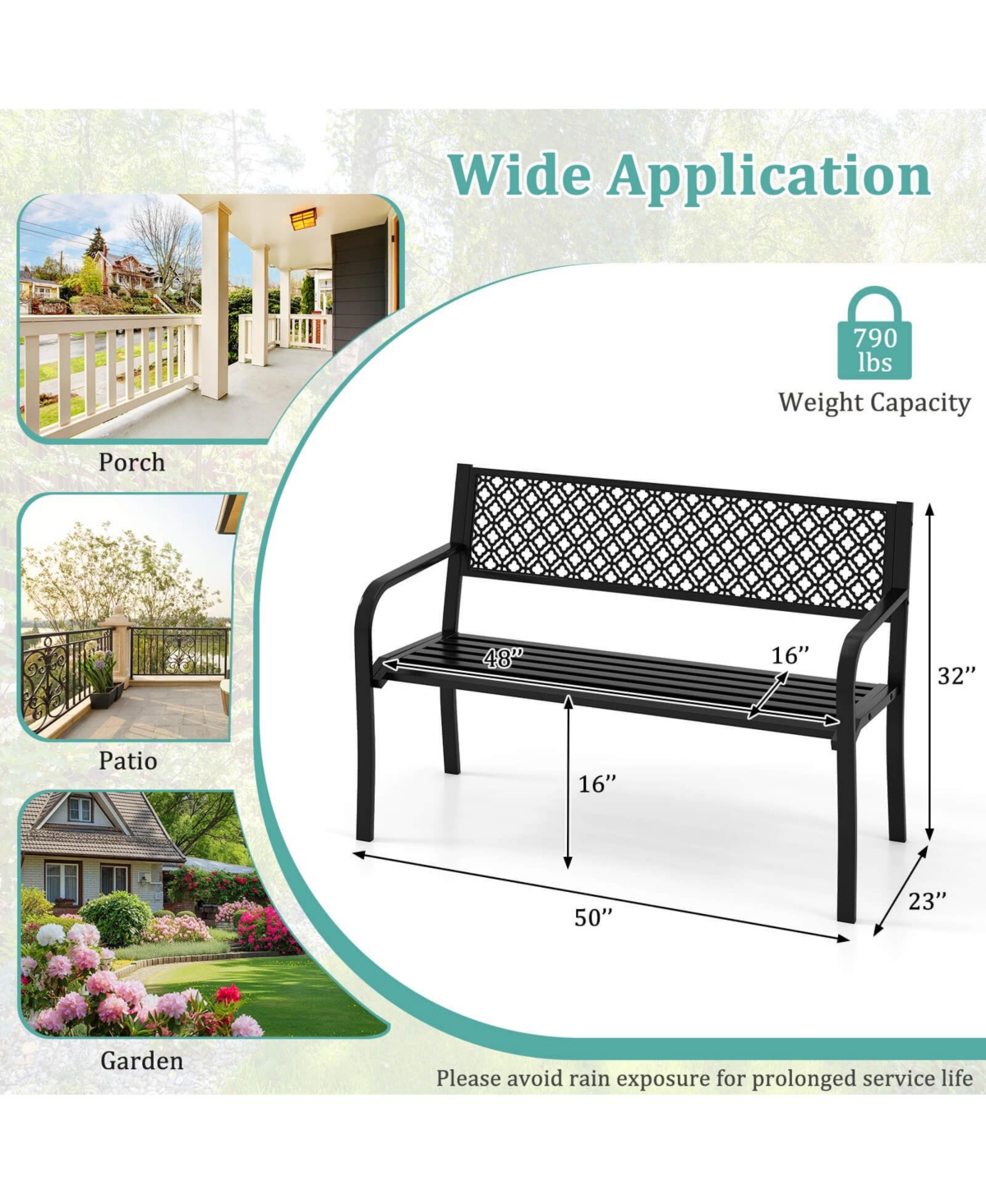 Costway 50" Outdoor Garden Bench with Geometric Lattice Backrest Armrests and Slatted Seat