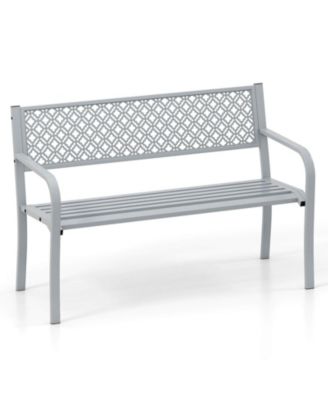 50" Outdoor Garden Bench with Geometric Lattice Backrest Armrests and Slatted Seat
