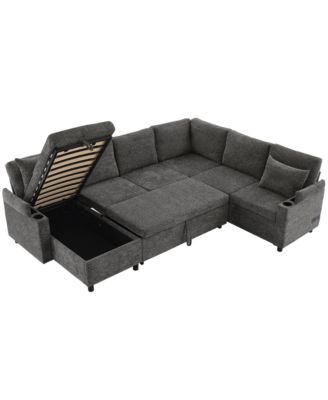 109.9" Sectional Sofa Bed with Storage, Cup Holders & Charging