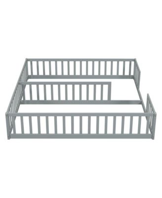 Double Twin Floor Bed with Safety Fence Low Profile Shared Sleeping Bed for Kids No Door Design