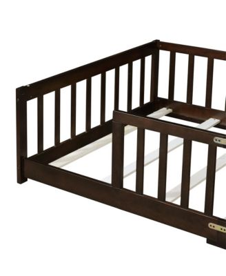 Twin Size Floor Bed with Safety Fence Rubber Wood Kids Bed for Toddler Room & Play Space
