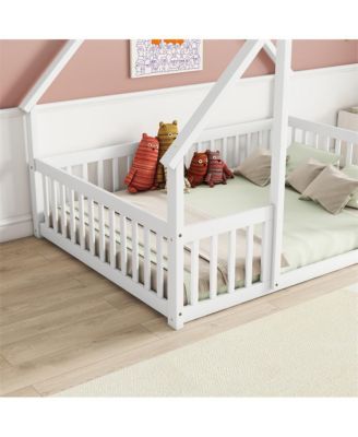 Full Size Wood House Floor Bed with Safety Fence & Roof Frame Play Bed for Kids and Teens