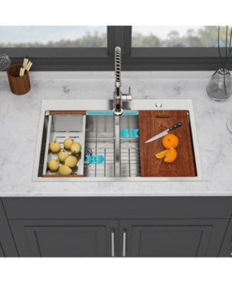 33x22x10inch 16 Gauge T304 Stainless Steel Topmount Drop In 5050 Double Bowl Brushed Nickel Workstation Kitchen Sink