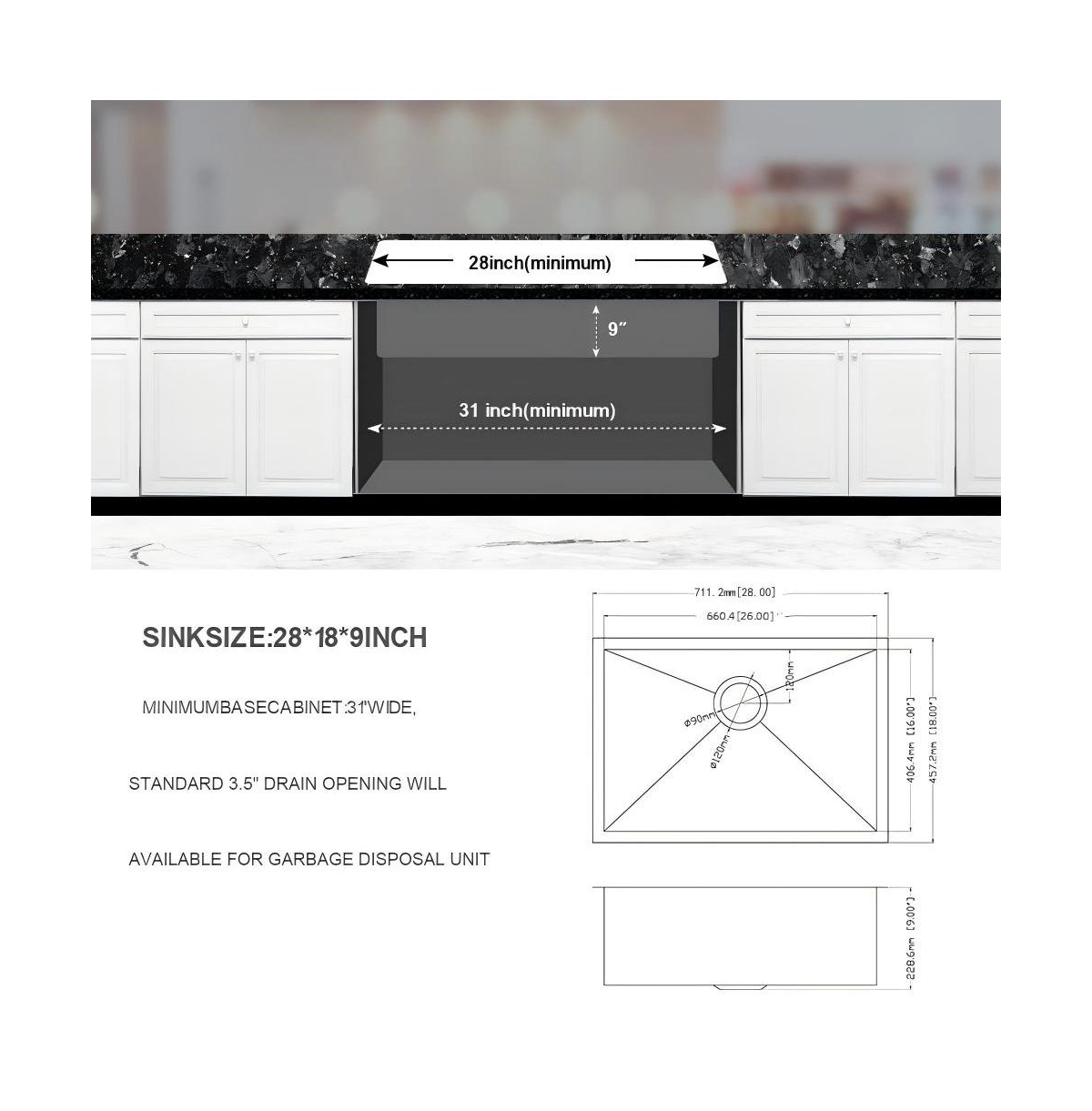 flynama 28x18x9inch 16 Gauge 304 Stainless Steel Undermount Single Bowl Kitchen Sink with Drain Assembly No Additional Accessories