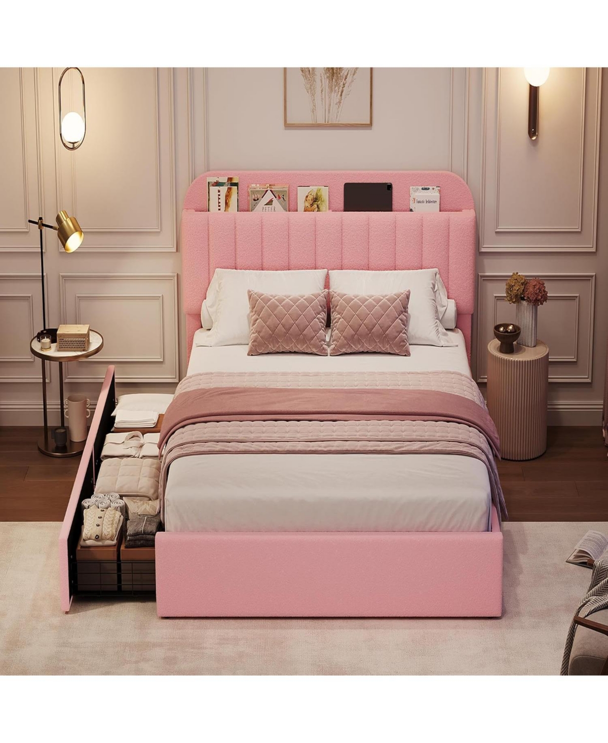 gaomon Bed Frame with Storage Headboard & 2 Drawers, Girls Boucle Upholstered Platform Bed with Built-In Bookcase