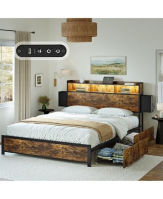 Industrial Queen Bed Frame with Bookcase Headboard, 2 Storage Drawers, No Box Spring Needed