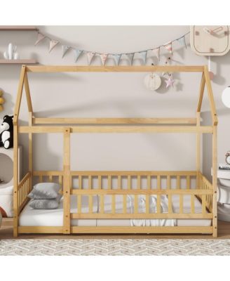 Twin House-Shaped Floor Bed with Fence & Roof Frame Wooden Play Bed for Kids Room