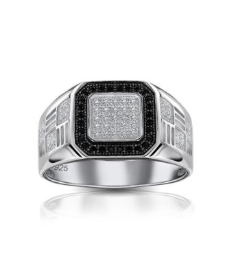 Mens Micro Pave Black Halo Square Two Tone CZ Statement Ring Sterling Silver