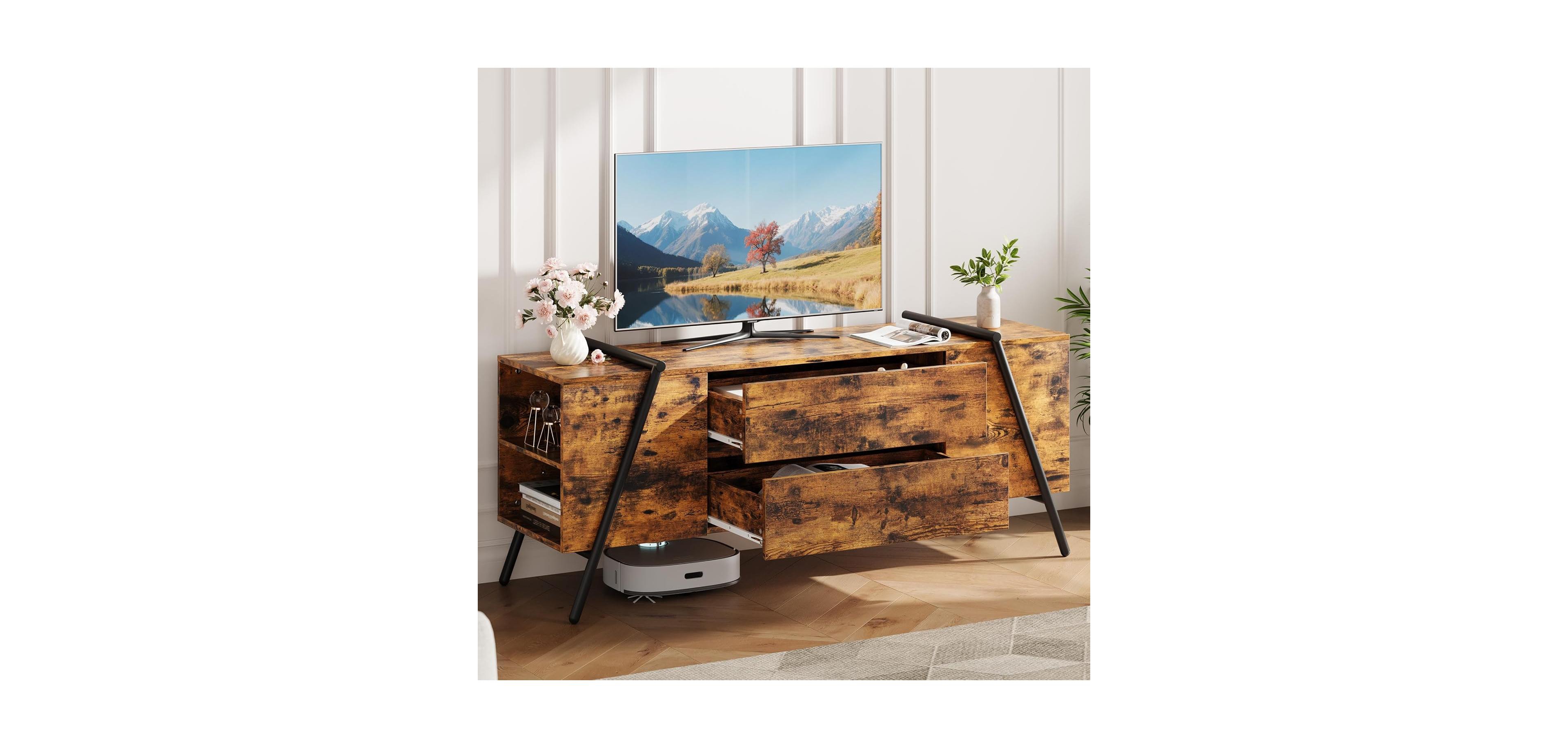 gaomon 55" Modern Farmhouse Tv Stand, Entertainment Center with 2 Drawers, Adjustable Shelves, U-Shaped Metal Legs, Wooden Media Console
