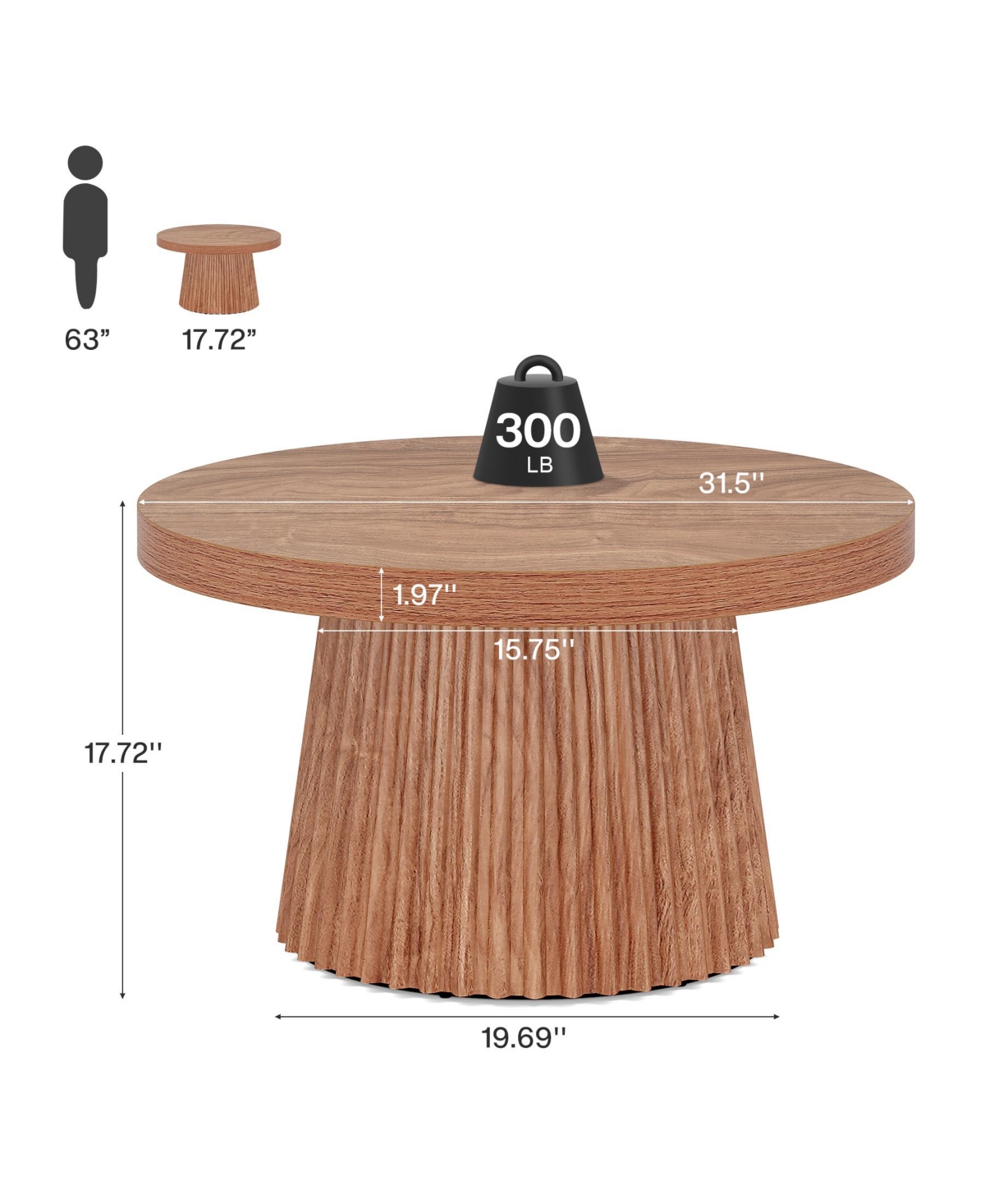 Tribesigns 31.5" Round Coffee Table, Farmhouse Center Table with Fluted Base, Walnut