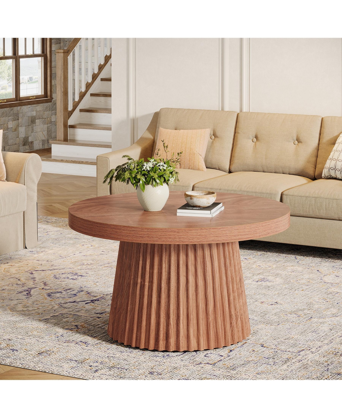 Tribesigns 31.5" Round Coffee Table, Farmhouse Center Table with Fluted Base, Walnut