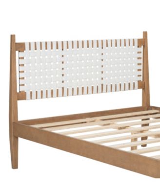 Queen Bed with Woven White Leather Back and Natural Wood Frame