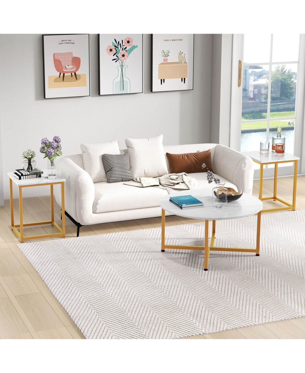 Costway 3 Pcs Coffee Table Set Round and 2 Square End Tables Metal Frame