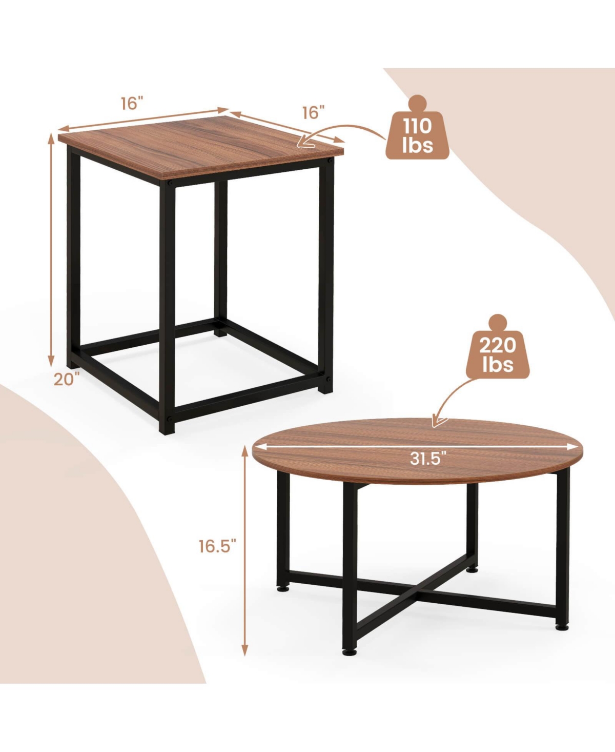 Costway 3 Pcs Coffee Table Set Round and 2 Square End Tables Metal Frame