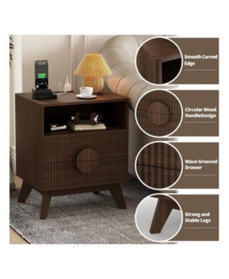 2PCS Fluted Night Stand Wood Tall Nightstands With Charging Station USB Ports And Outlets Nightstand Bedside Table