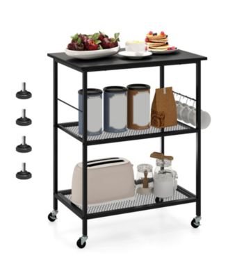 3-Tier Kitchen Serving Cart Utility Standing Microwave Rack with Hooks Rustic