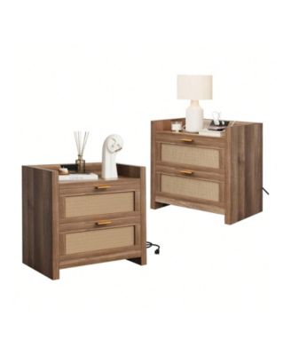 Nightstands Set Of 2 With Rattan Drawer Modern Night Stand For Bedrooms Wooden 2 Drawer Bedside Table Side Table