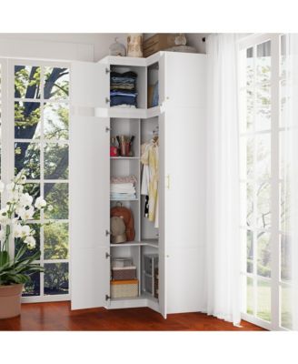 White Wood 6-Door Corner Wardrobe Armoires with Storage Shelves