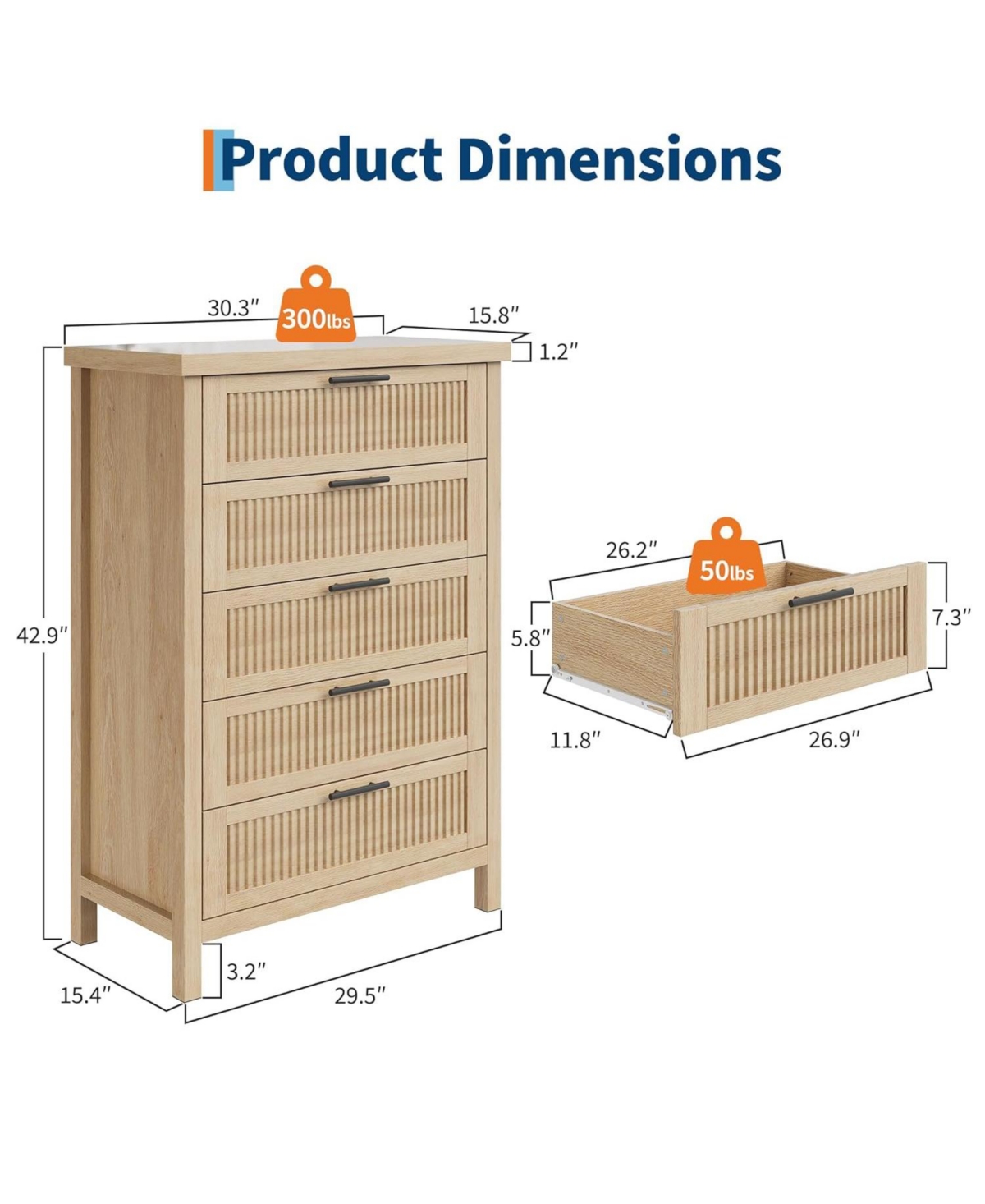 gaomon Fluted Dresser for Bedroom with 5 Drawers, 42.9 in Tall Chest of Large DrawersLarge Clothes Storage Cabinet,Wood Dresser, Tv Stand for Bedroom