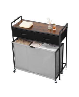 3-Section Laundry Sorter, Rolling Hamper with Wood Top, 2 Drawers, Hooks & Wheels, Pull-Out Bags, Bathroom Organizer