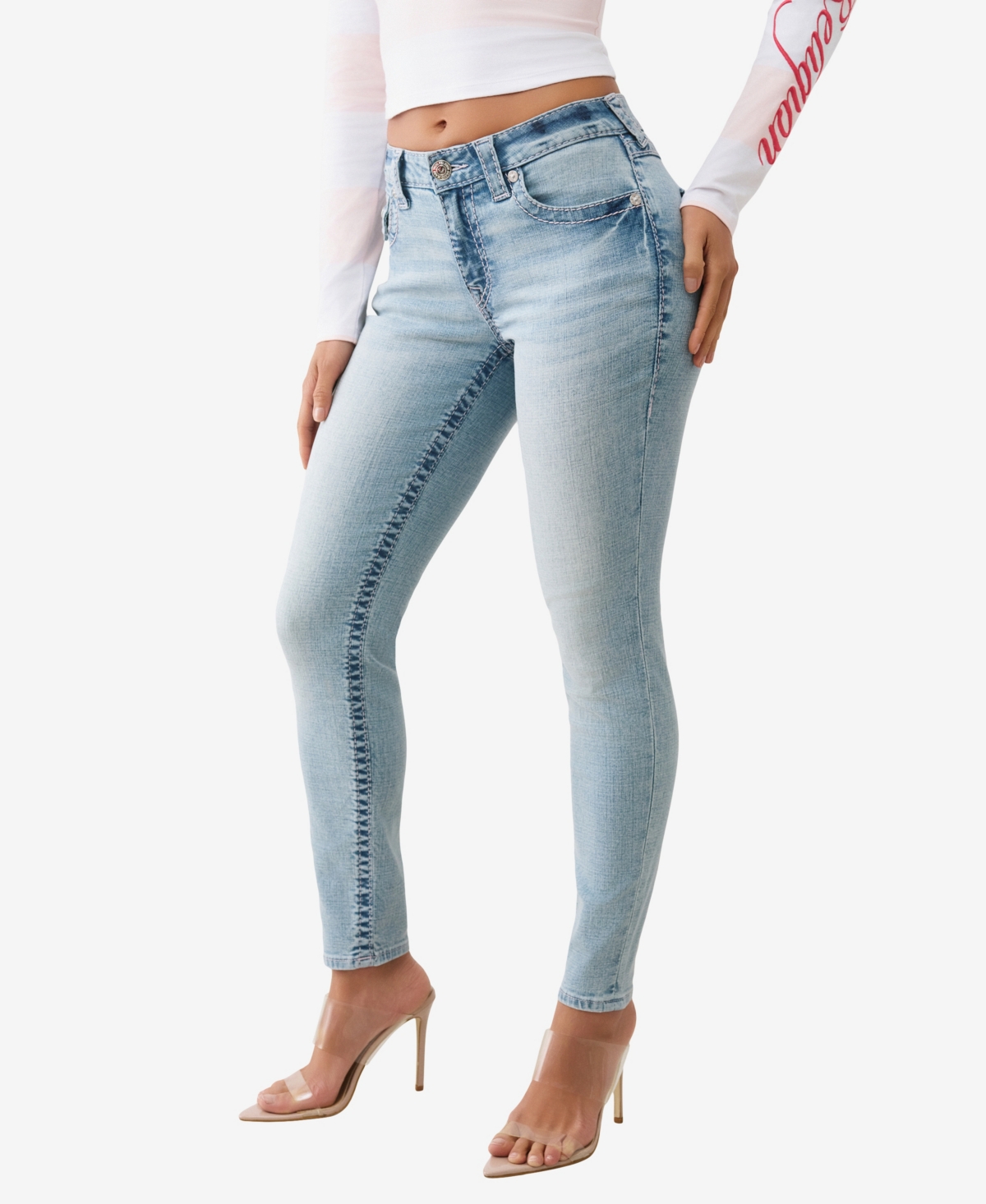 True Religion Women's Jennie Mid Rise Skinny Big T Flap Jeans