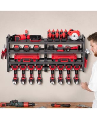 Wall-Mount Tool Organizer, 4-Tier Rack with 8 Drill Holders & Screwdriver Slots.