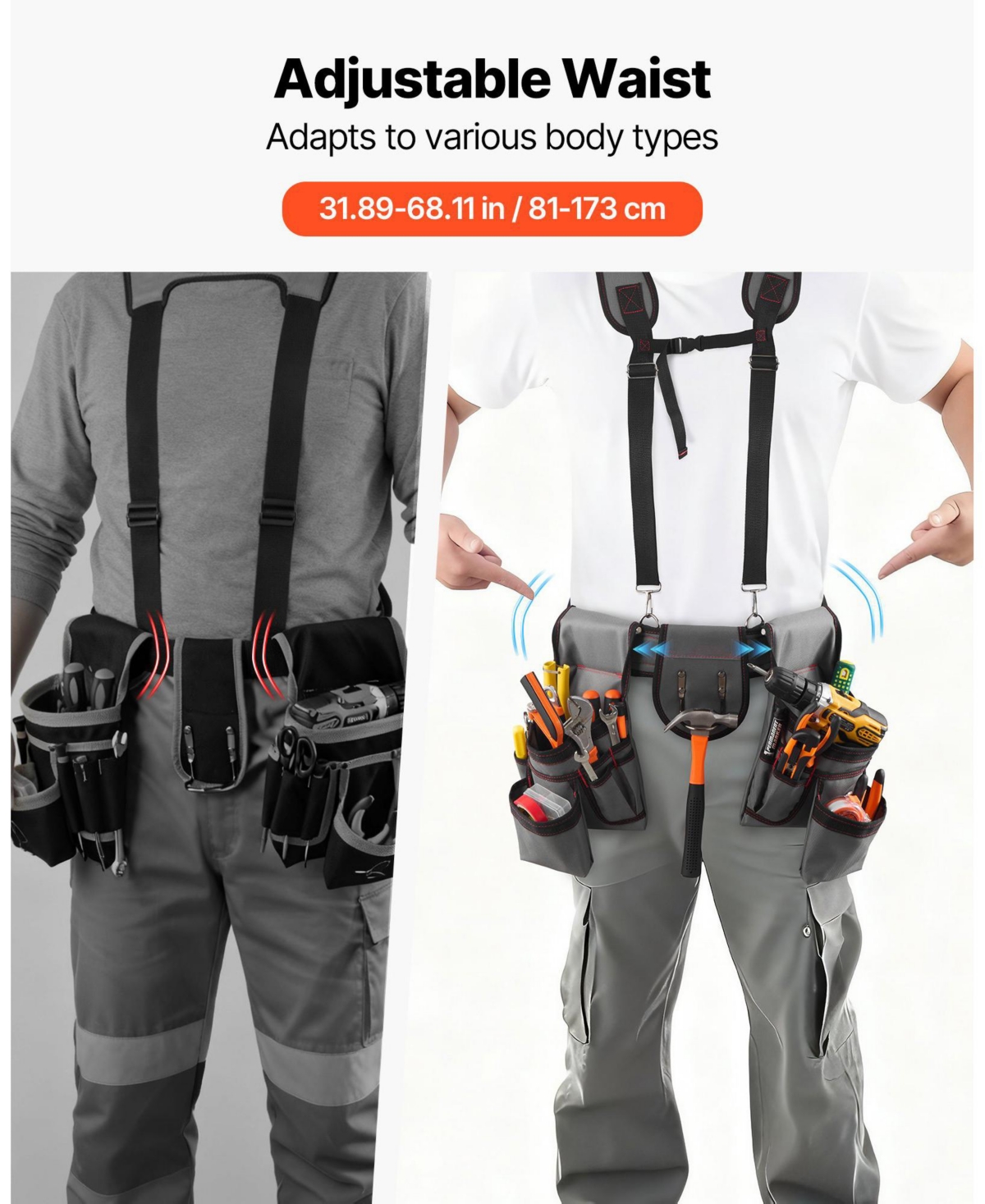 Mecale Tool Belt with Suspenders, 22 Pockets Heavy-Duty Tool Pouch, Adjustable Waist 32–68 in, Work Apron Organizer